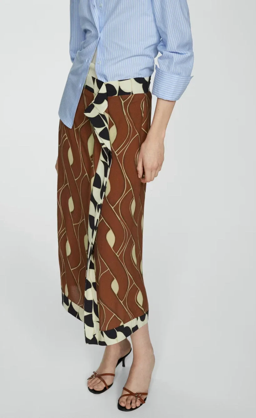 NWT MANGO MNG BROWN RUFFLE PRINT MIDI SKIRT SZ M